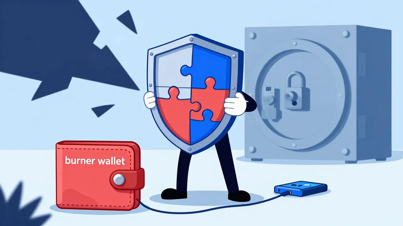 Character protecting their wallet from scams with a security shield.