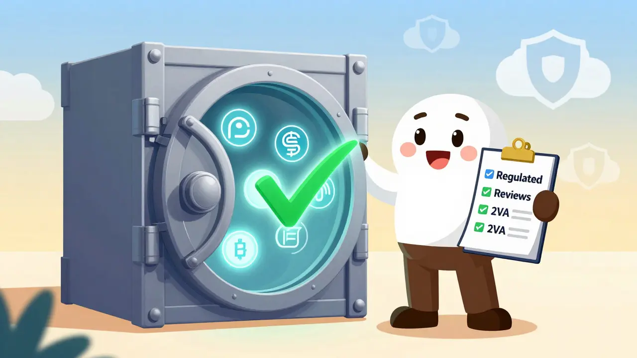 Character standing safely by vault of verified crypto platforms