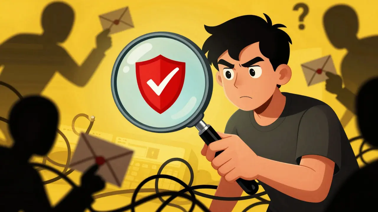 Character using a magnifying glass to spot warnings among tangled scam wires