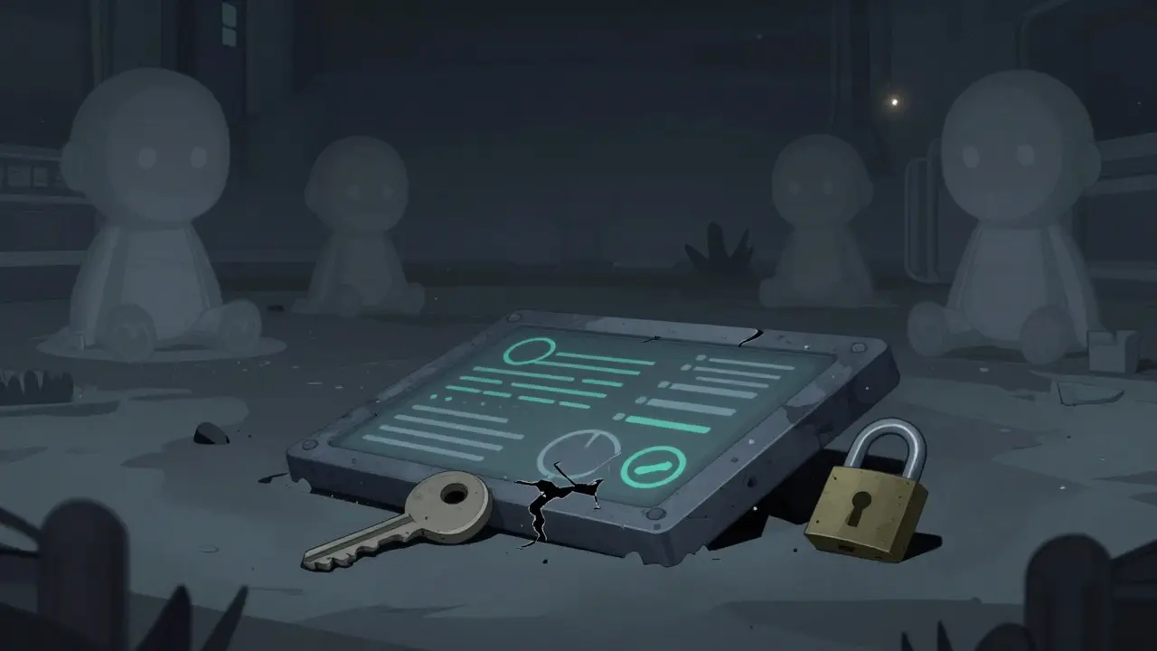Dim cartoon scene of a broken digital interface and inactive game characters