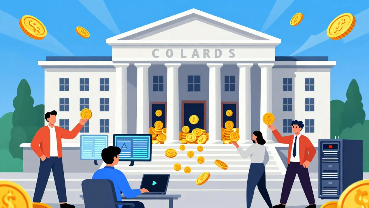 Diverse investors interact with digital tokens outside a stylized government building.