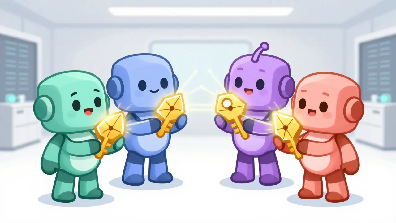 Four robots holding key shards in a circle, illustrating distributed validator technology