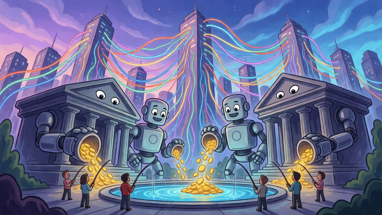 Futuristic city with banks and individuals connecting via blockchain cables.