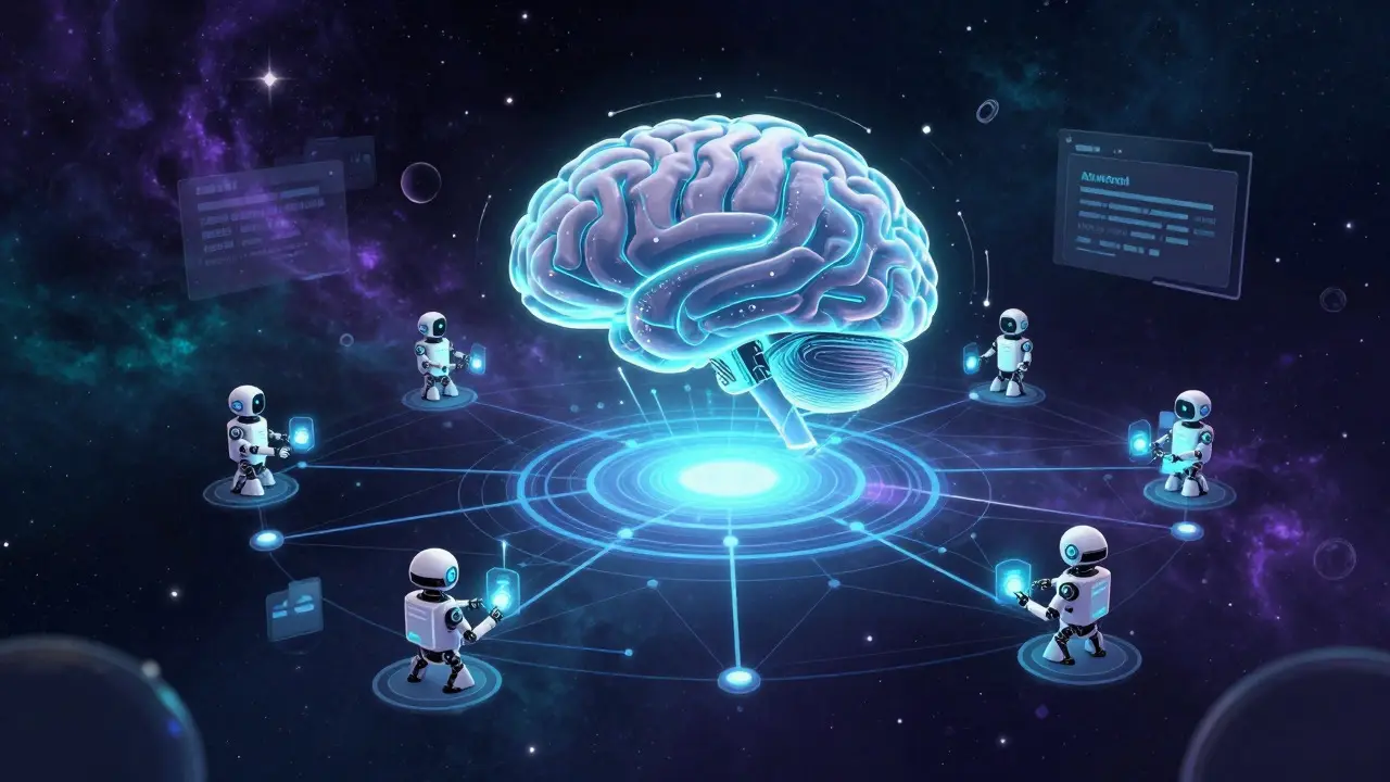 Futuristic holographic brain connected to robotic agents in a cosmic setting