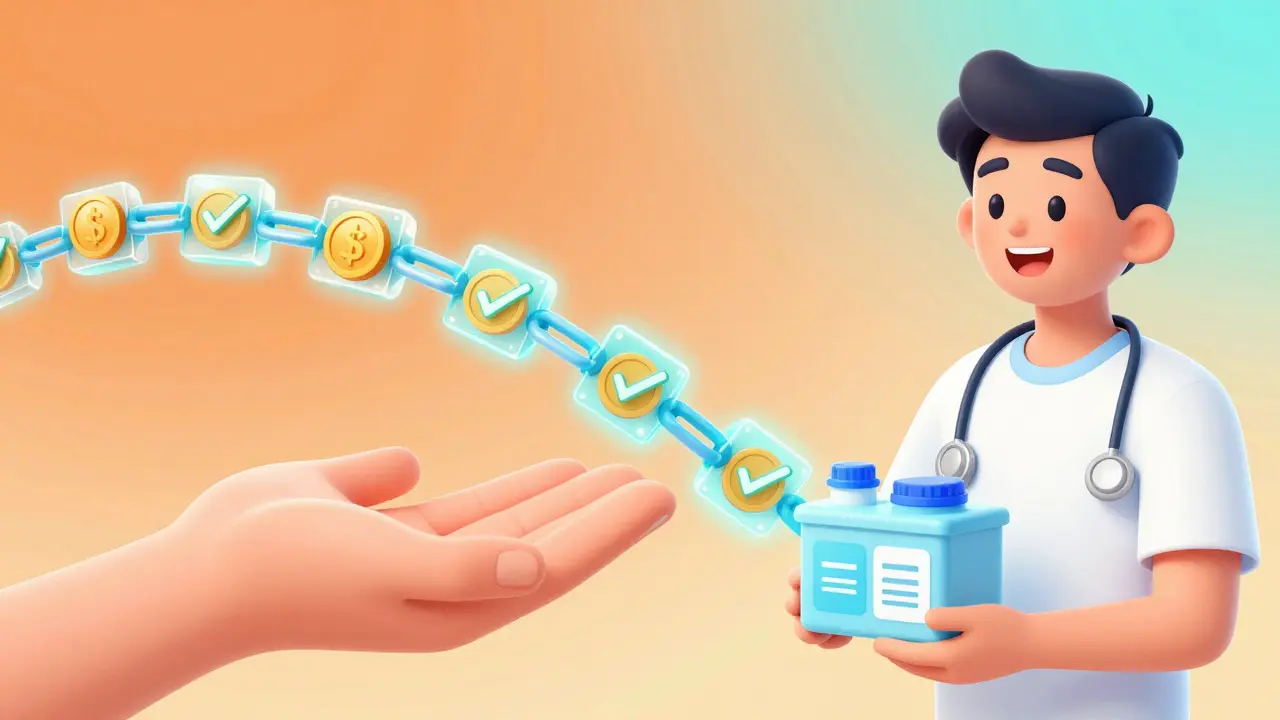 Glowing blockchain chain connecting donor directly to aid recipient