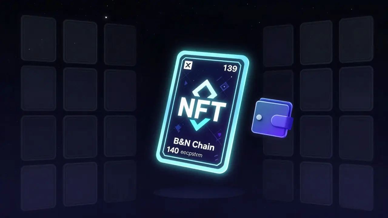 Glowing rare NFT card floating in space with wallet icon nearby