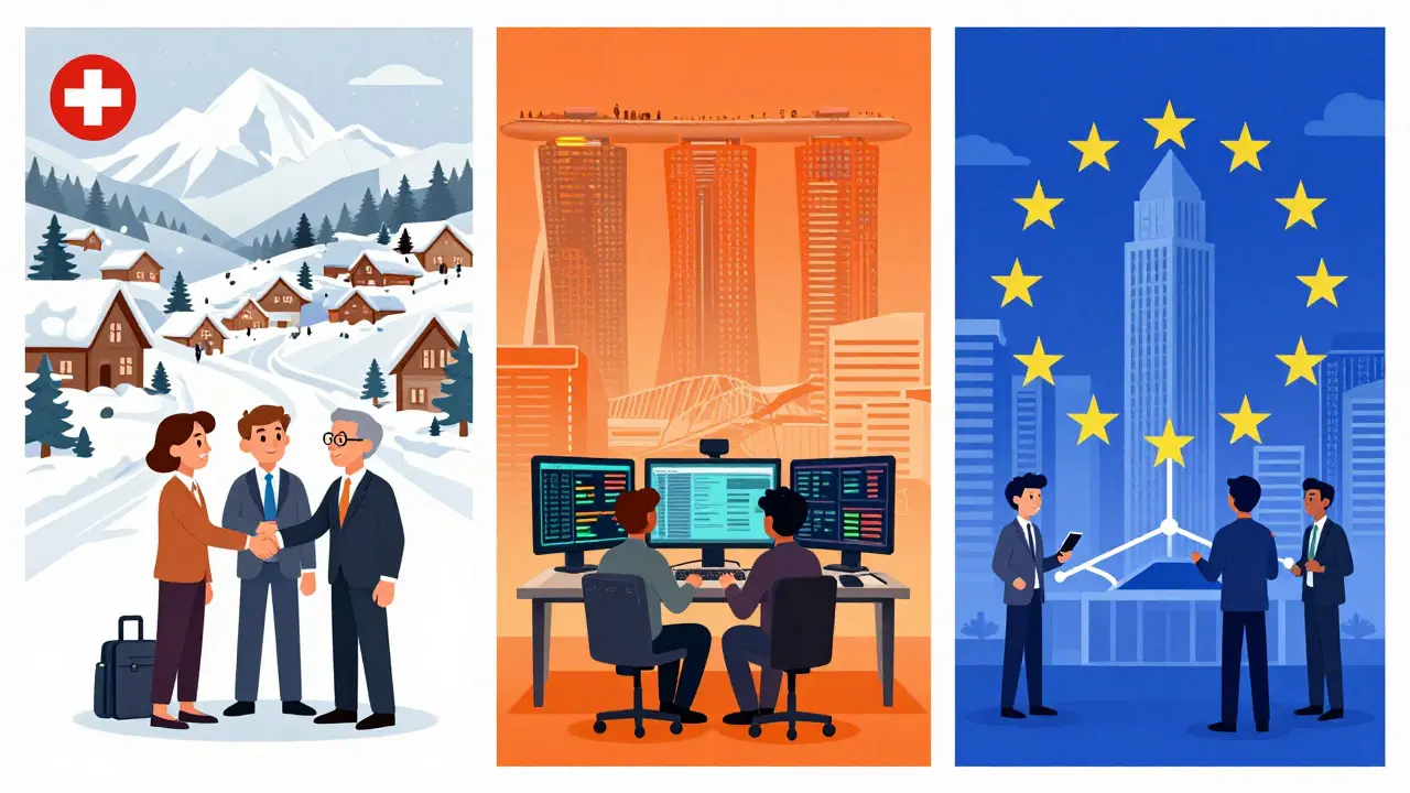 Illustration comparing crypto exchange environments in Switzerland, Singapore, and the EU