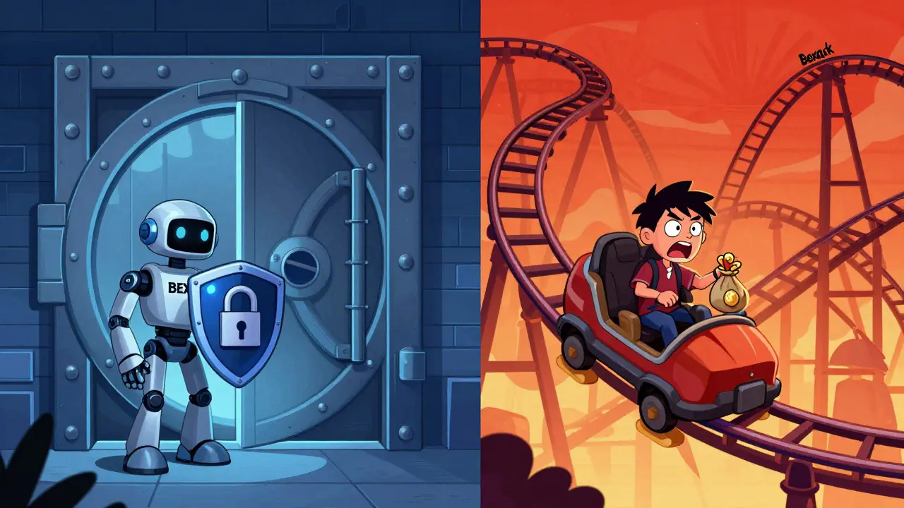 Illustration contrasting a secure vault with a wild roller coaster ride