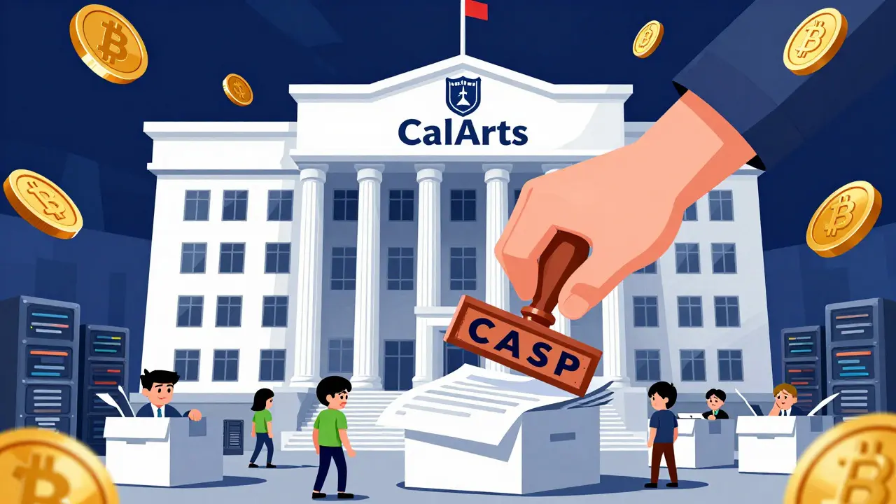 Illustration of a government building enforcing new licensing rules on crypto exchanges