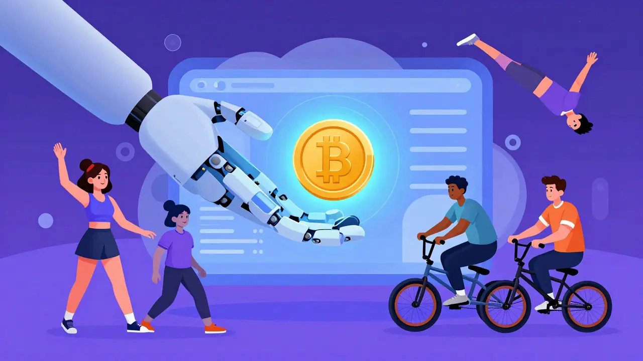 Illustration of a robot handing a glowing coin to various athletes