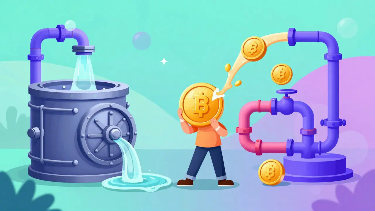 Illustration of a token splitting into a vault and a liquid asset for DeFi use