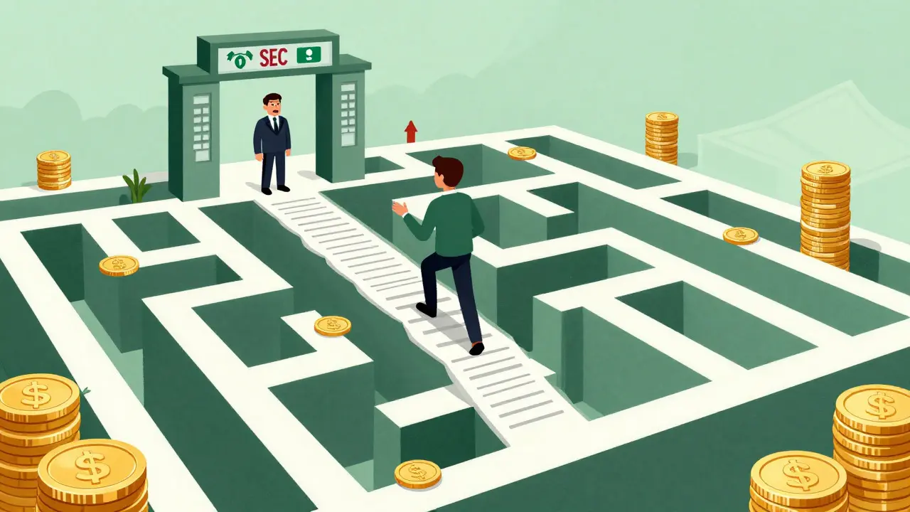 Illustration of an entrepreneur climbing a steep staircase of coins and documents to reach a regulatory gate