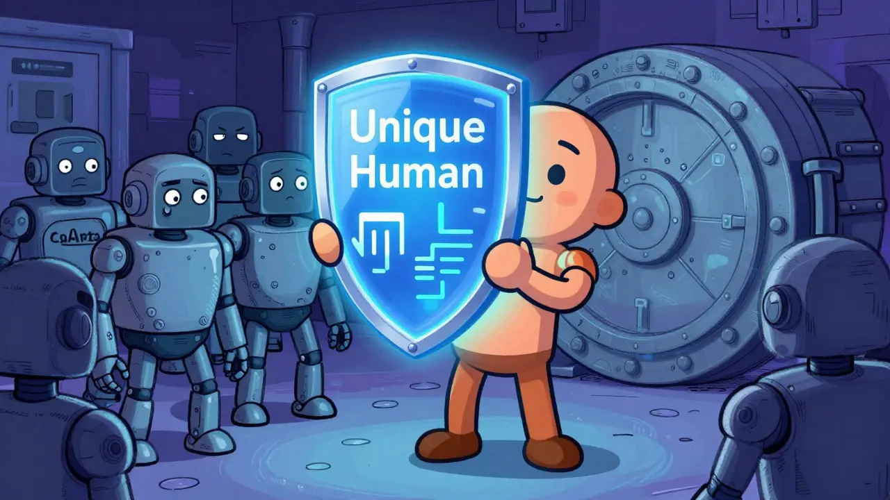 Illustration of human using digital shield to block bots from vault