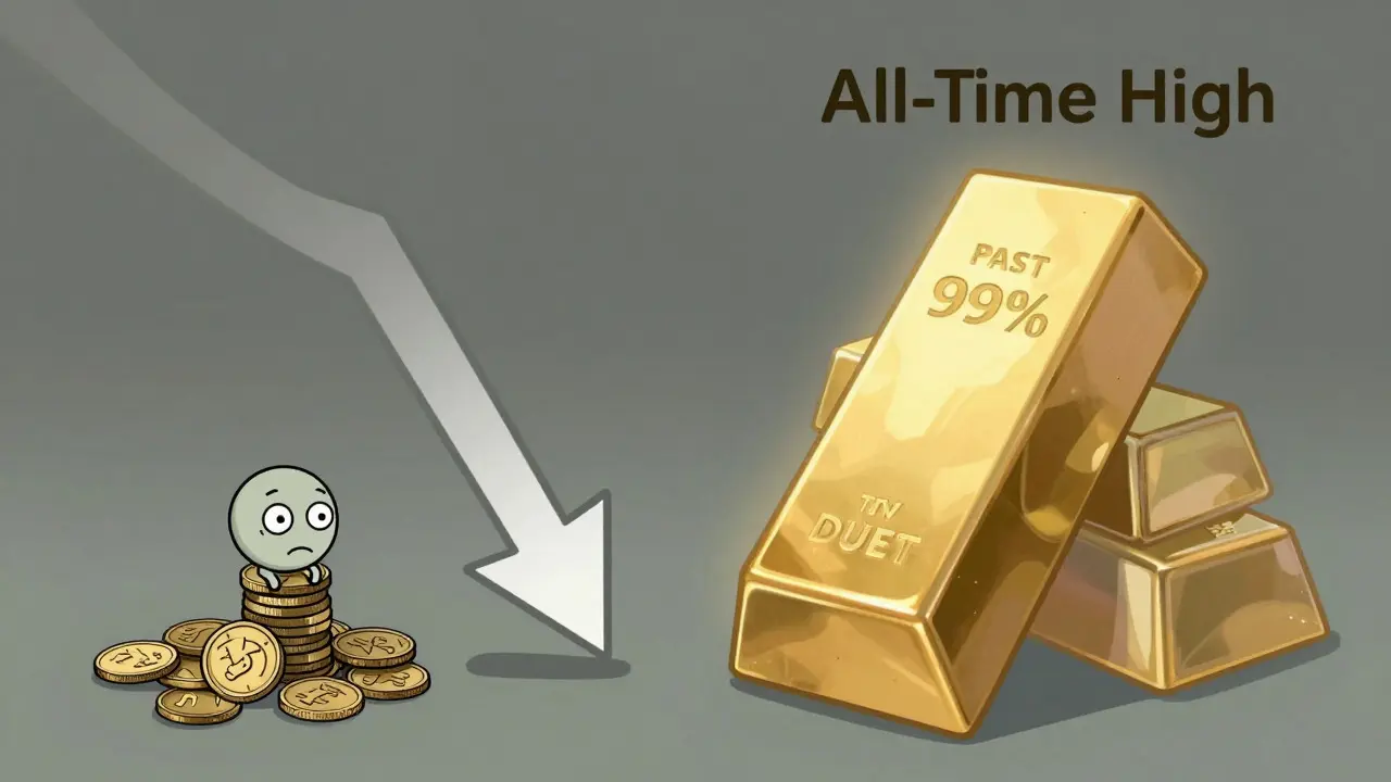 Illustration showing a steep drop in token value with a sad coin pile.