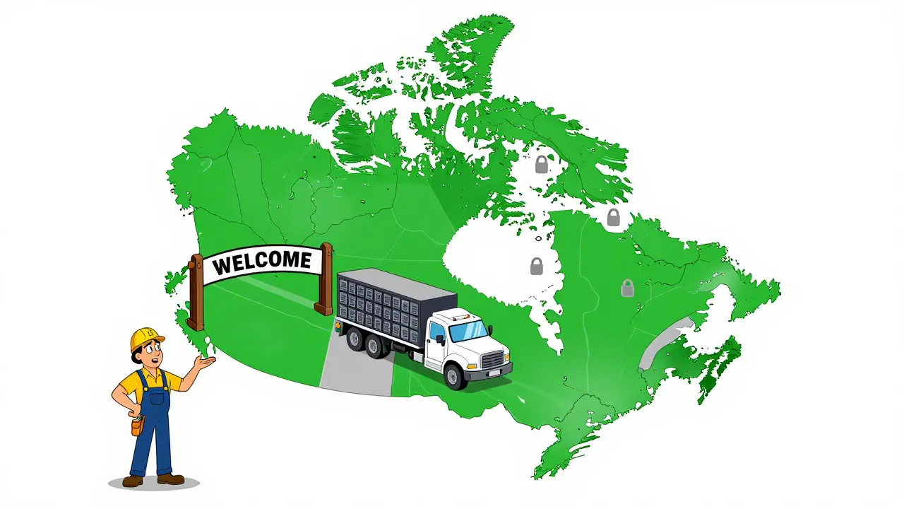 Map showing miners leaving restricted New Brunswick for welcoming Alberta.