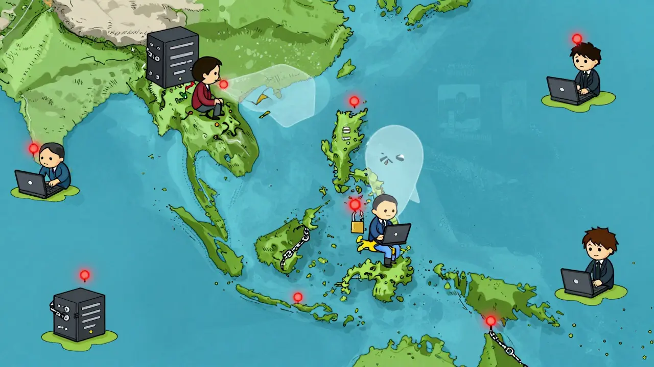 Map showing regional crypto regulations with a user bypassing local blocks via VPN