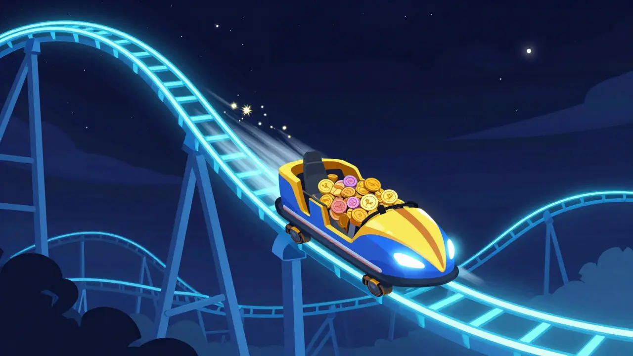 Neon rollercoaster track descending through a starry night sky