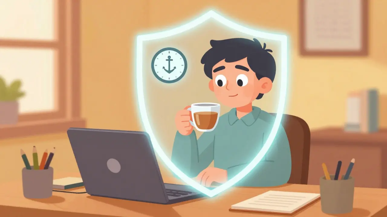 Relaxed cartoon trader protected by a glowing security shield