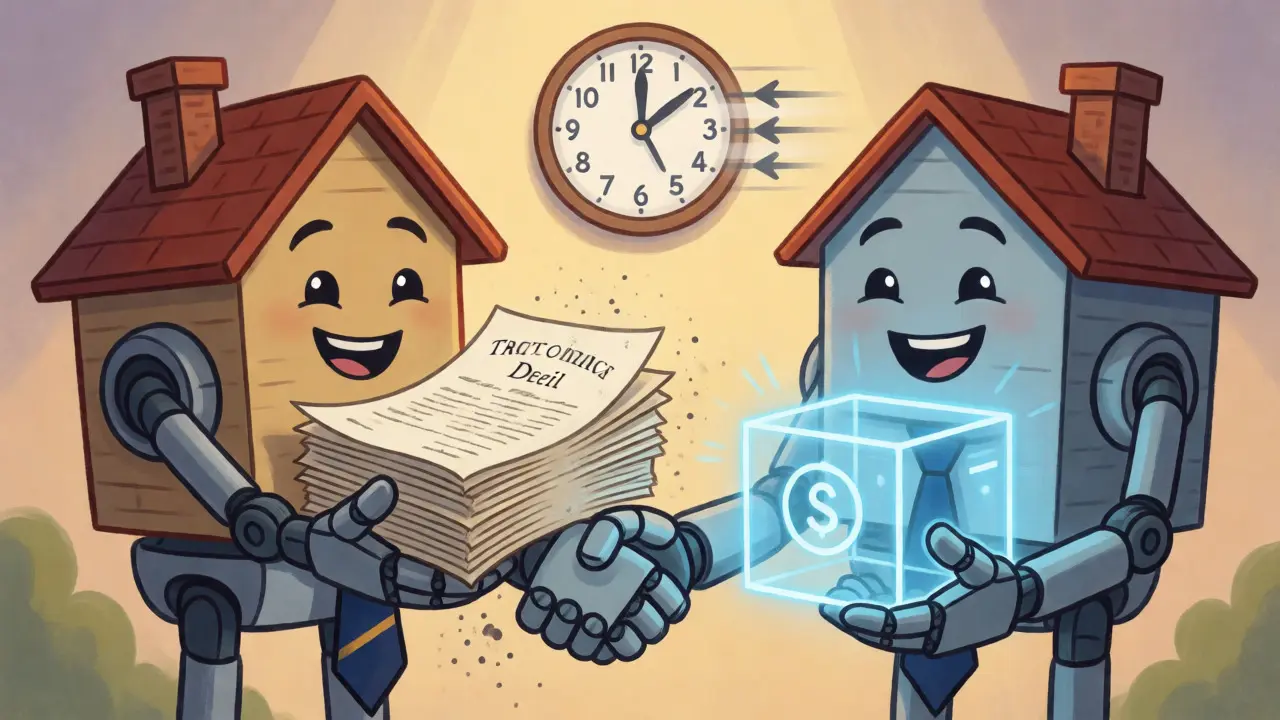 Robotic houses shaking hands as paper deeds turn into digital ledgers.