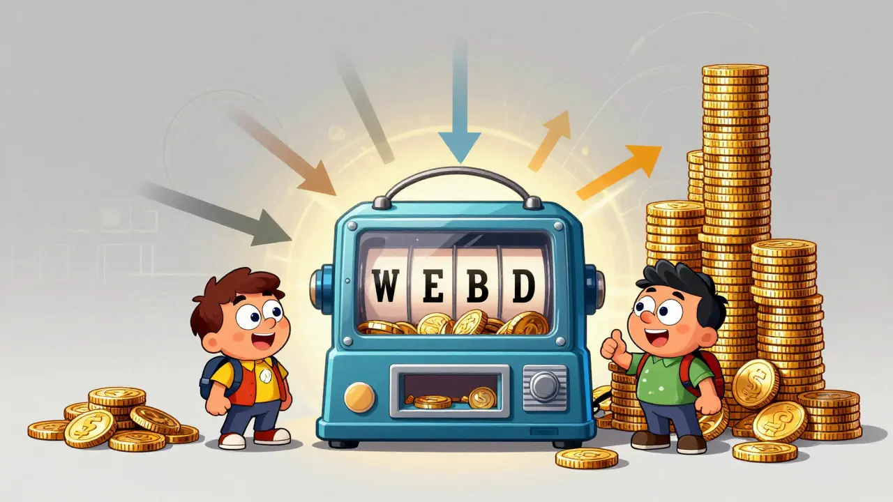 Stylized depiction of a lottery machine selecting validators based on coin stakes