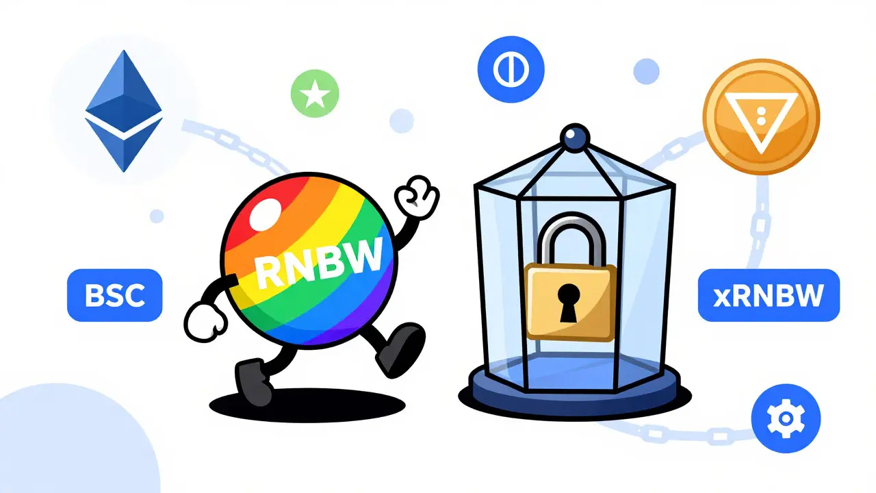 Stylized rainbow token and caged vesting token interacting in a DeFi network.