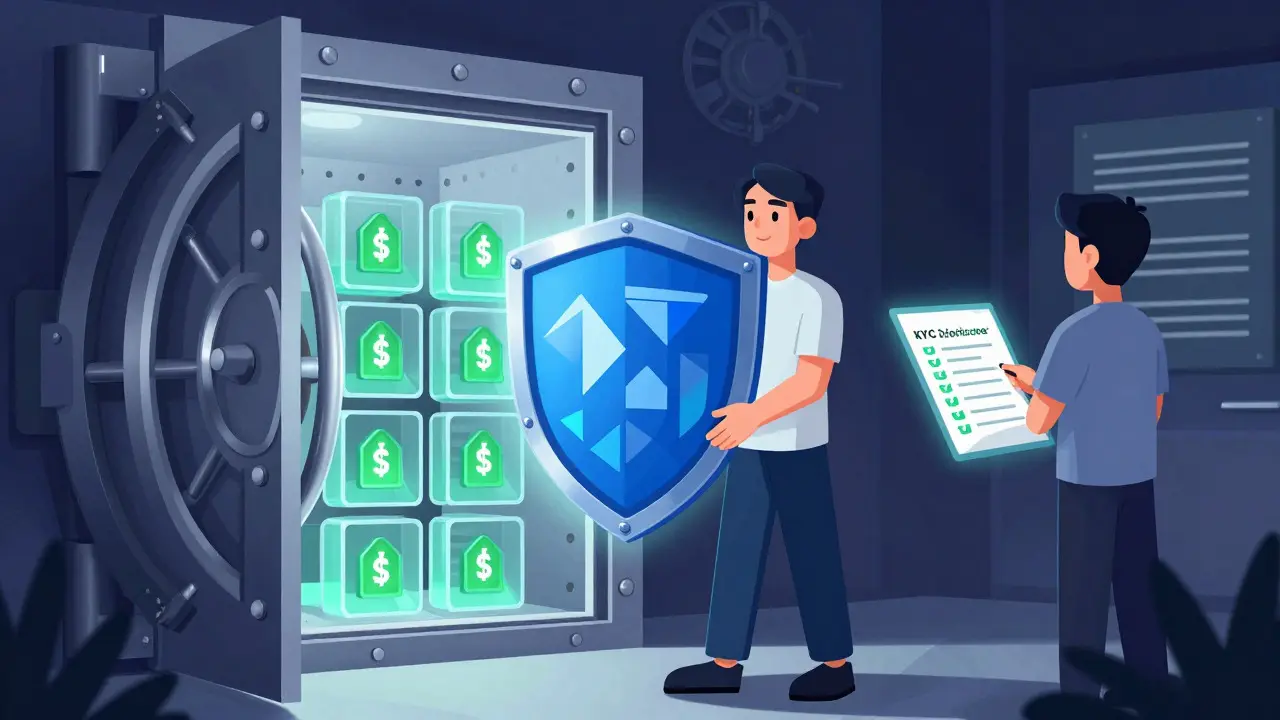 Trader holding a security shield and checklist in front of a digital vault