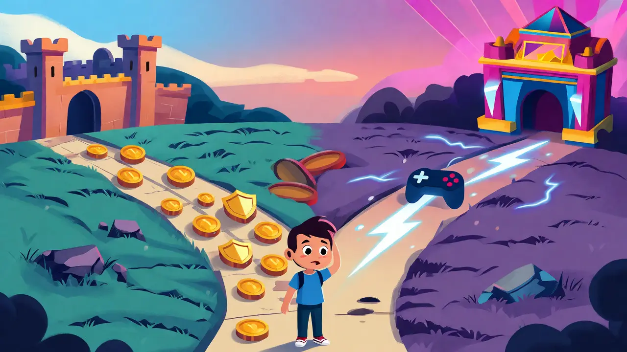A character choosing between a secure golden path and a fast arcade path representing different scaling options.