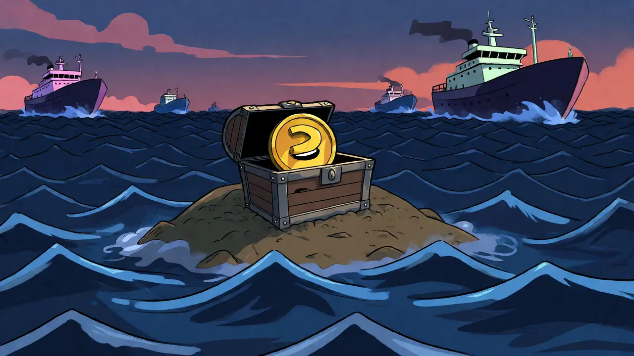 A lonely treasure chest island in a sea of data, with larger ships passing in the distance.