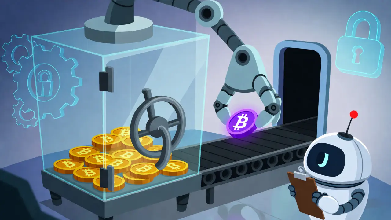 A robot custodian locking Bitcoin in a vault and minting wrapped tokens.