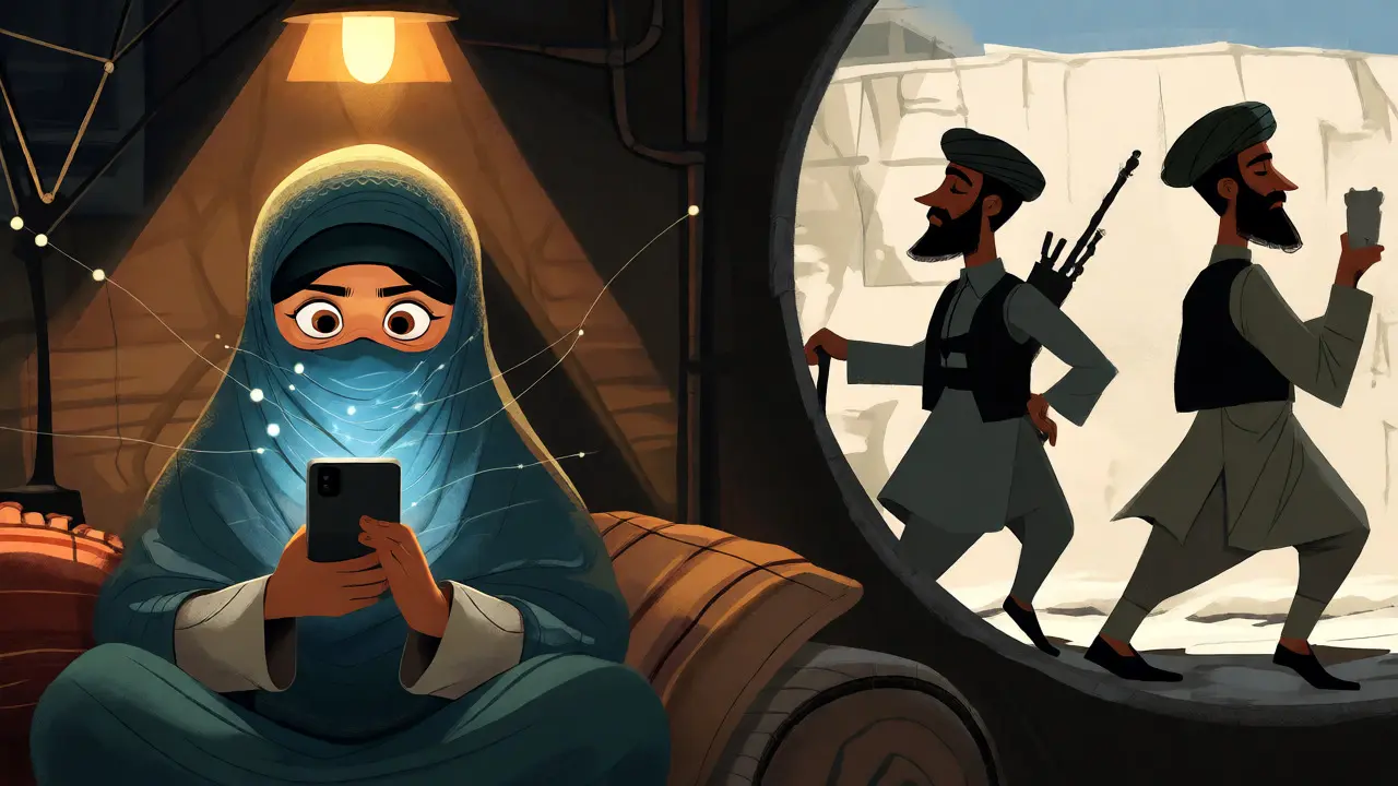 Afghan woman secretly using crypto indoors while guards patrol outside