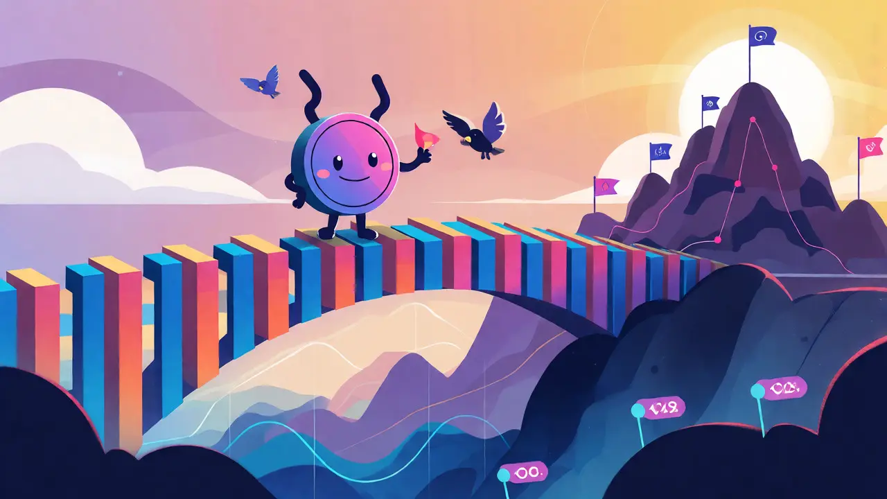 An anthropomorphic BUNI token crossing a bridge of liquidity towards a roadmap mountain.