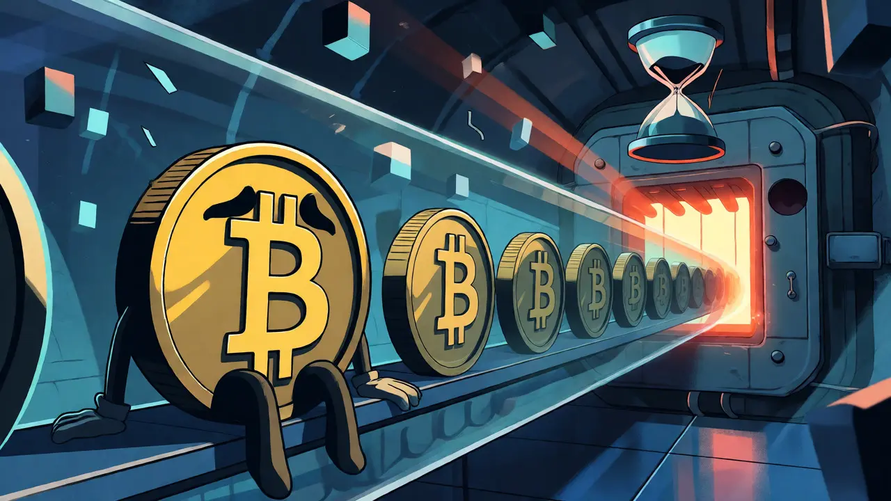 Cartoon Bitcoin coin waiting in a queue for block confirmation during network congestion.