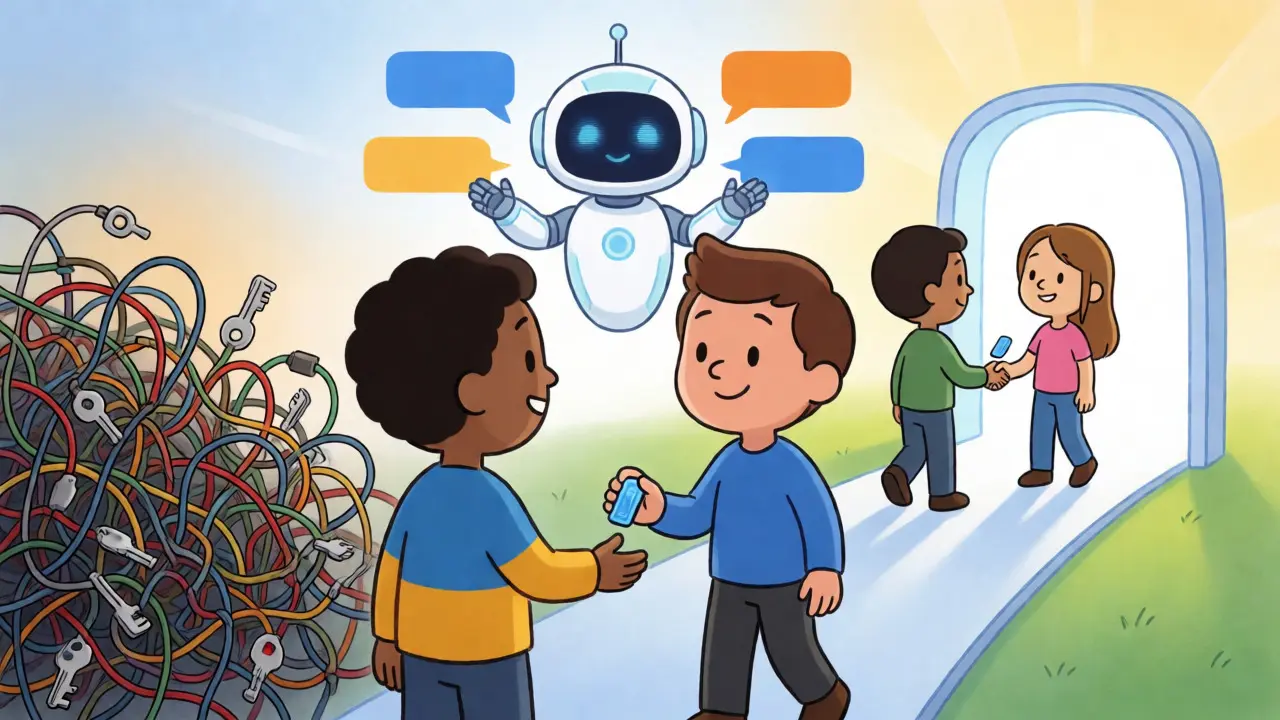 Cartoon scene contrasting complex crypto barriers with easy future access