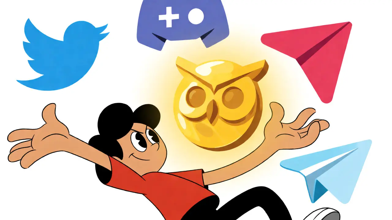 Character juggling social media icons around an owl emblem