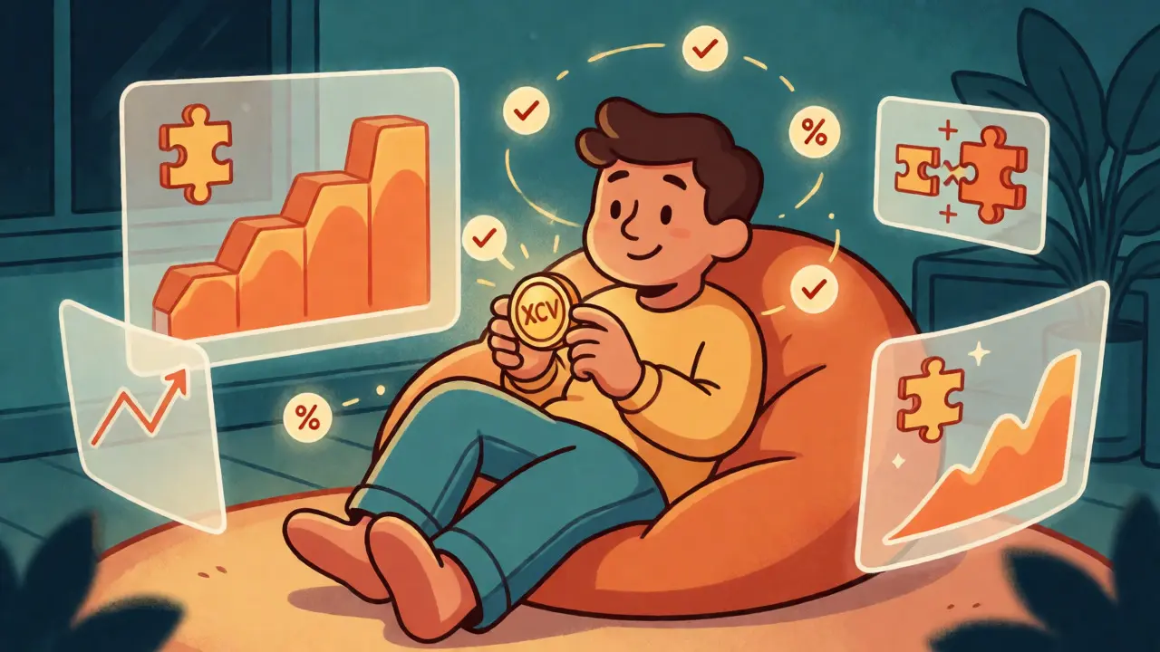Character relaxing with floating governance and staking icons