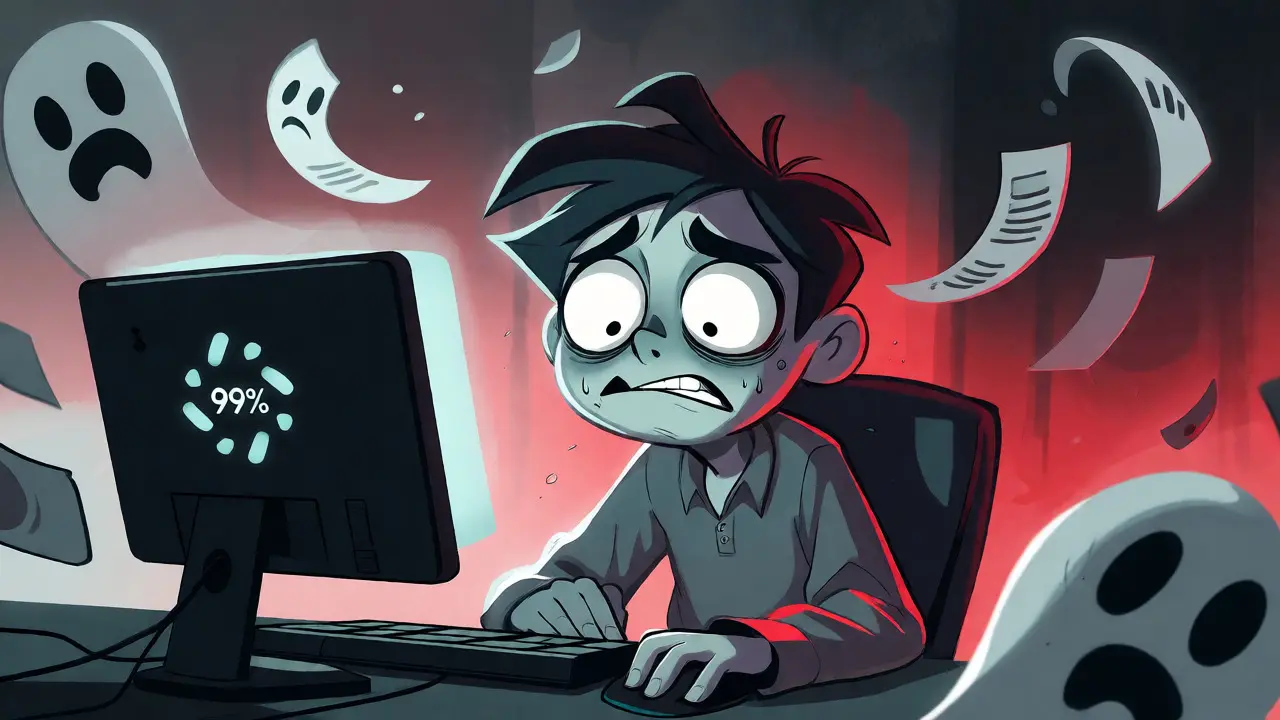 Distressed user watching a stuck loading screen while support tickets vanish.