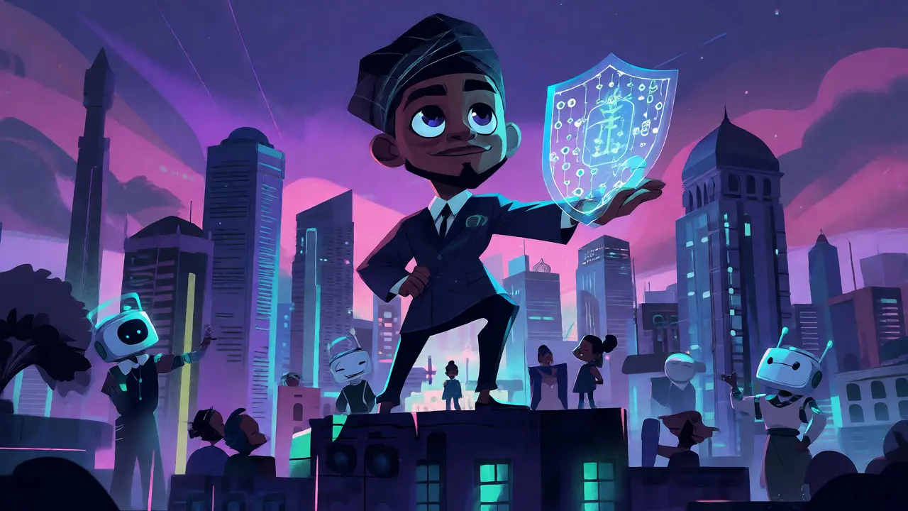 Entrepreneur protecting a community with a blockchain shield over Lagos skyline.