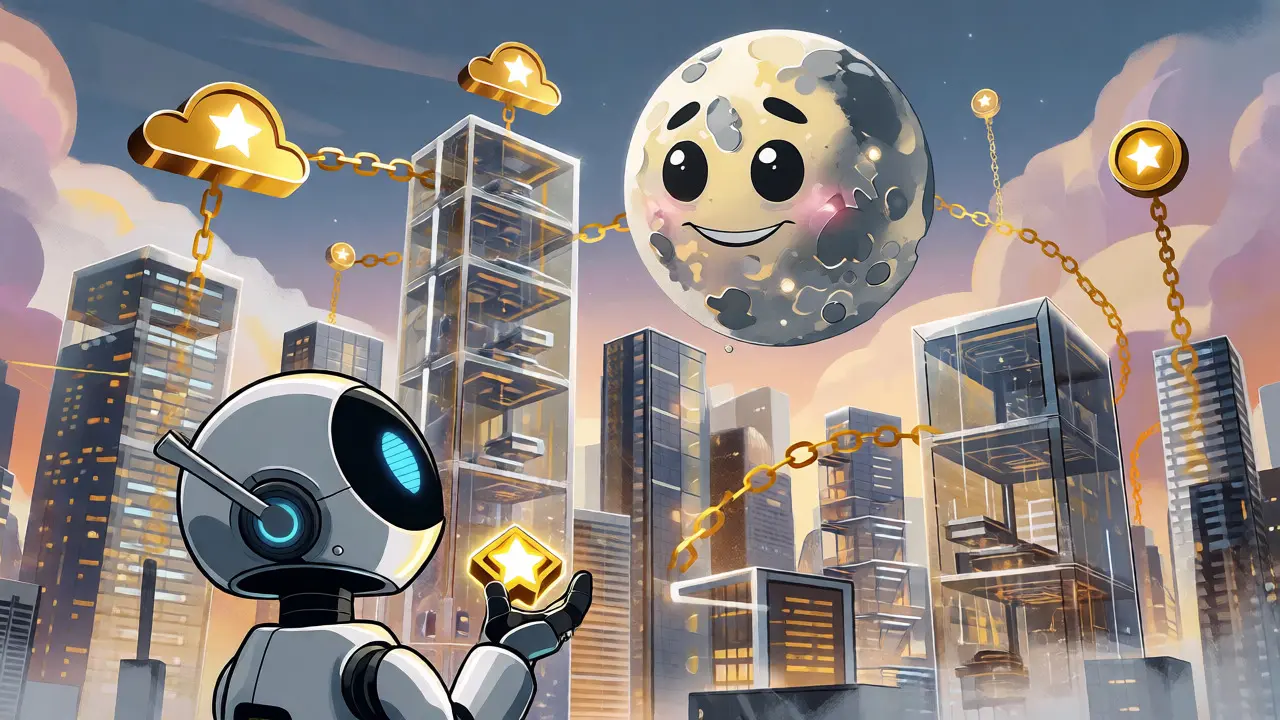 Futuristic city with digital overlays and a robot avatar holding a star token.