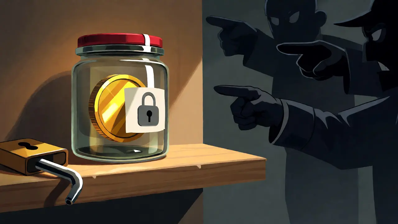 Golden coin trapped in a locked jar surrounded by shadowy accusers.