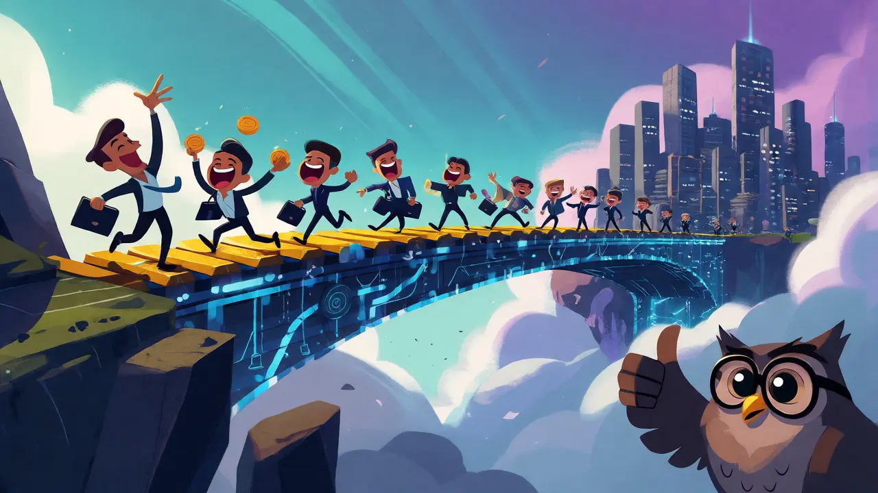 Happy figures crossing a glowing bridge to a financial hub after list removal.