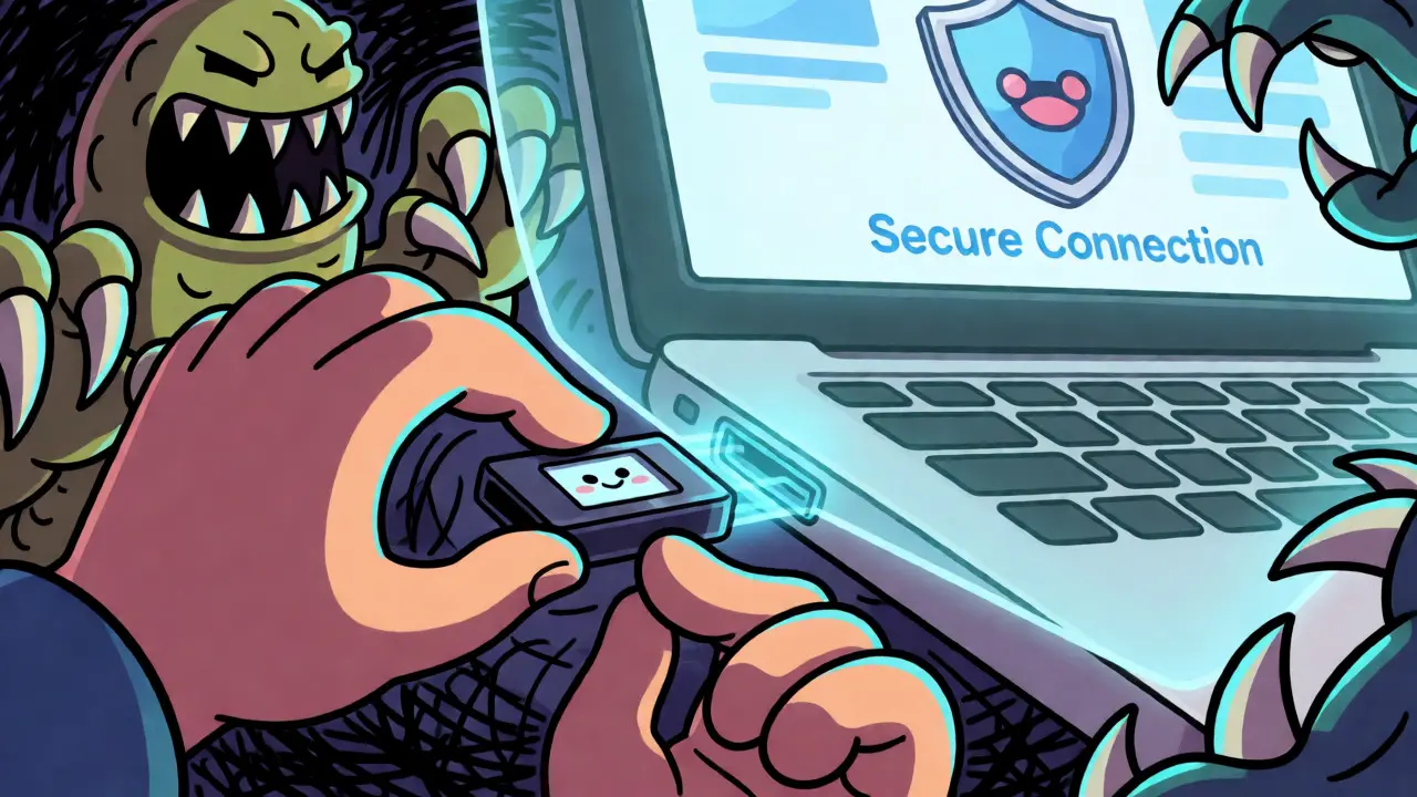 Hardware wallet blocking malware monsters from a laptop