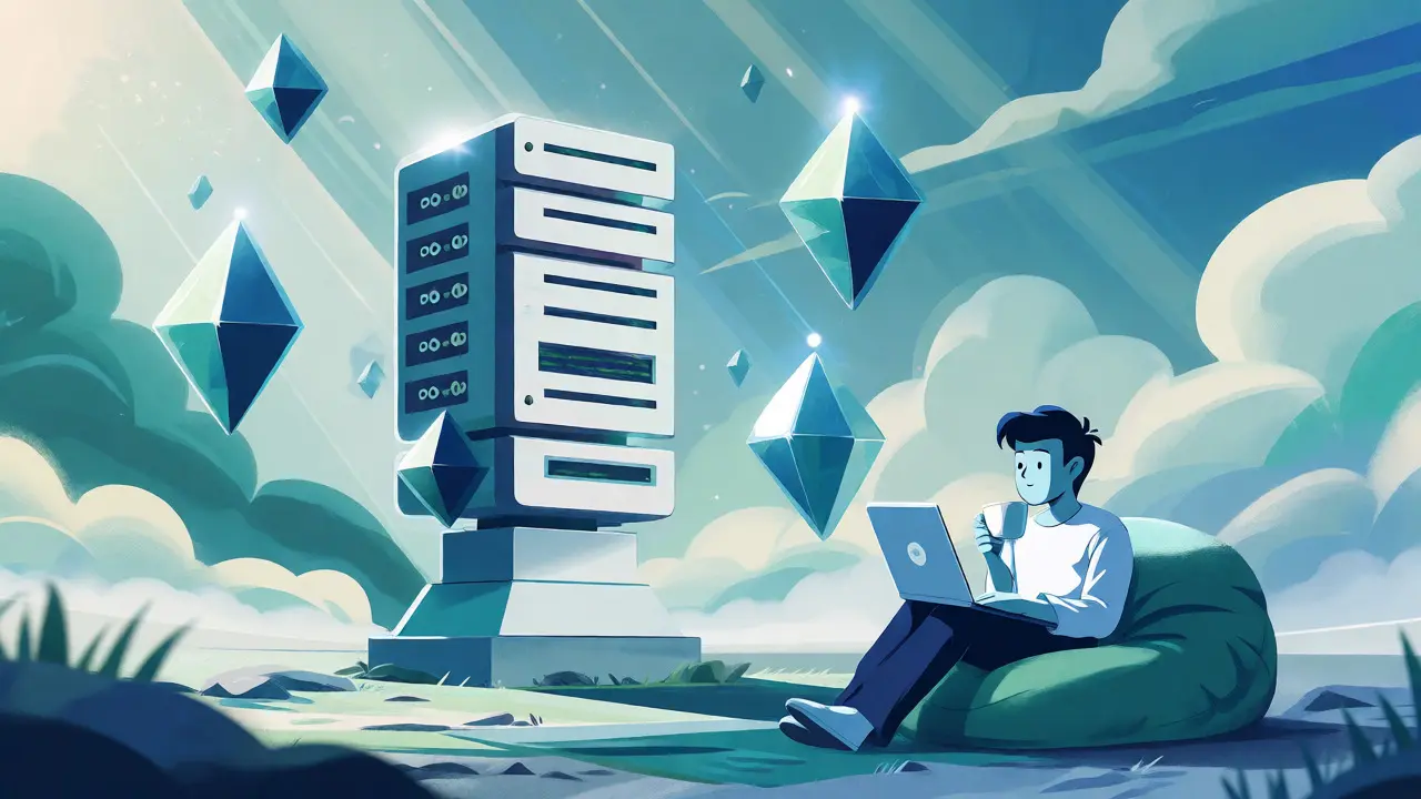 Illustration of a calm validator using a laptop amidst floating digital crystals.