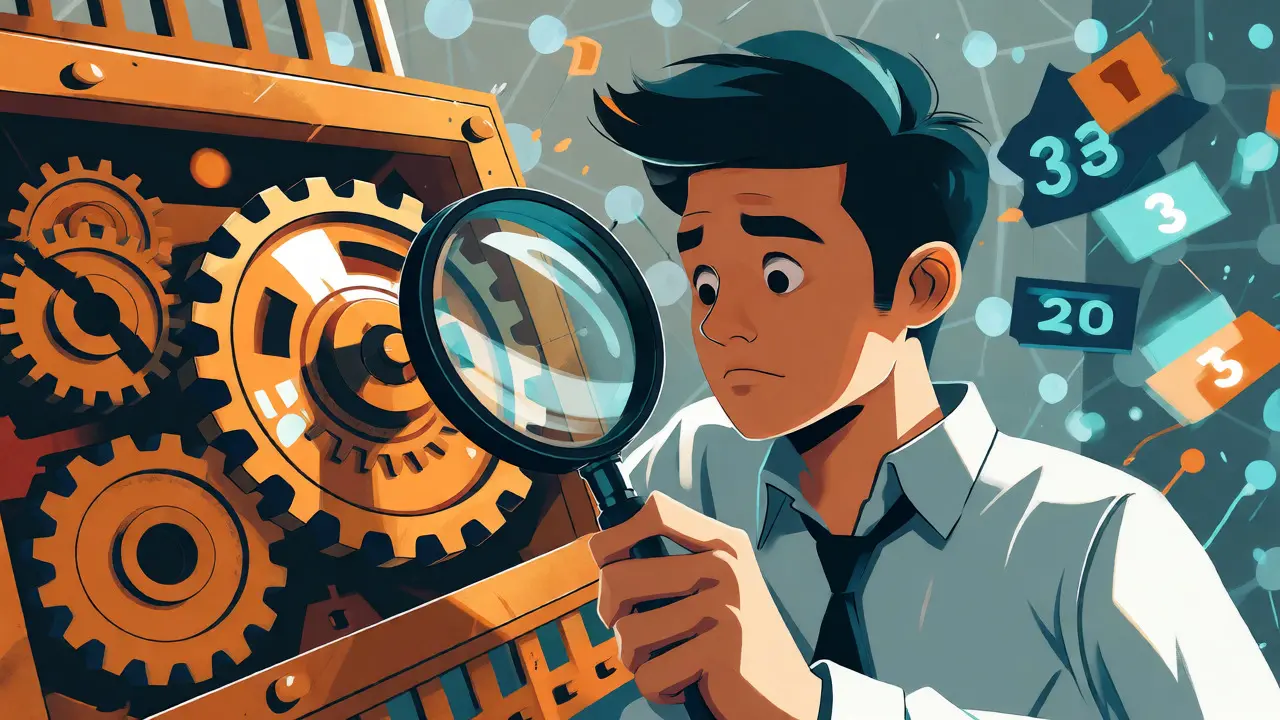 Illustration of an investor examining KingMoney's fast but risky blockchain mechanics.