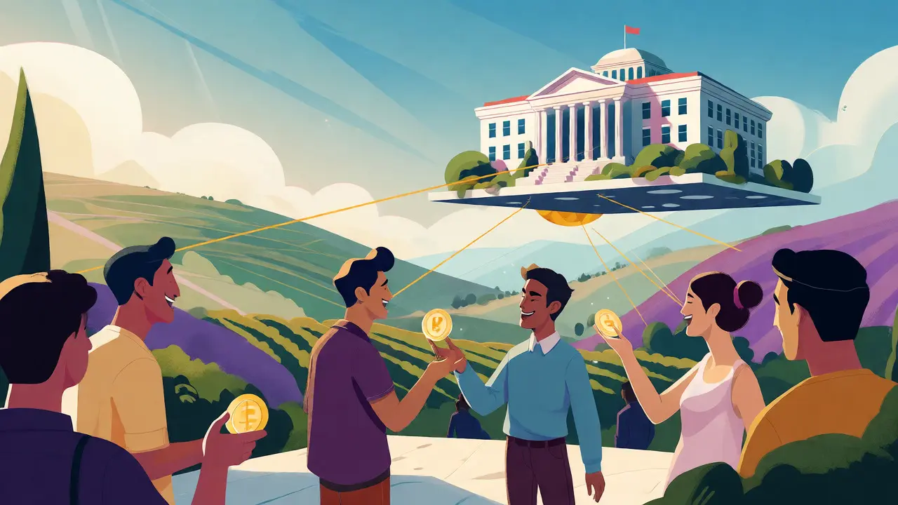 People trading crypto in sunny Georgian landscape