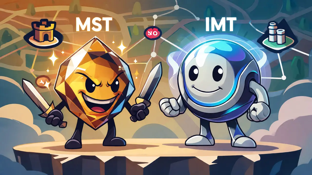Personified MST and IMT tokens standing together representing the dual-token system.