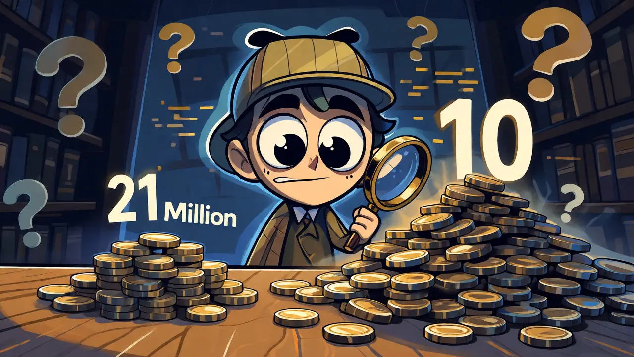 Puzzled cartoon detective examining two different piles of coins representing conflicting Changcoin supply data.