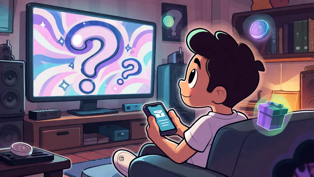 Relaxed gamer waiting for an airdrop with floating coin illusions in a cozy room.