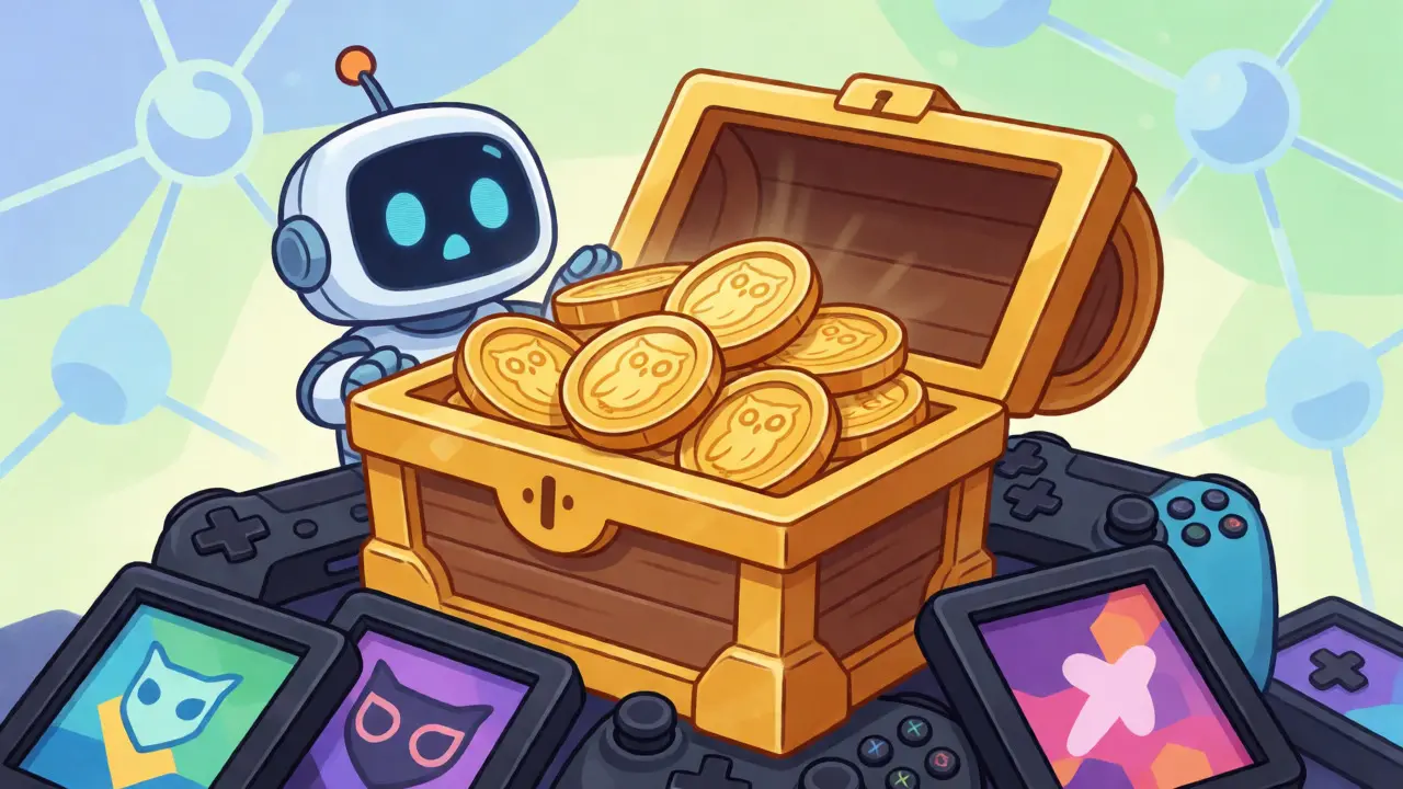 Robot discovering a treasure chest of OWL tokens and gaming items