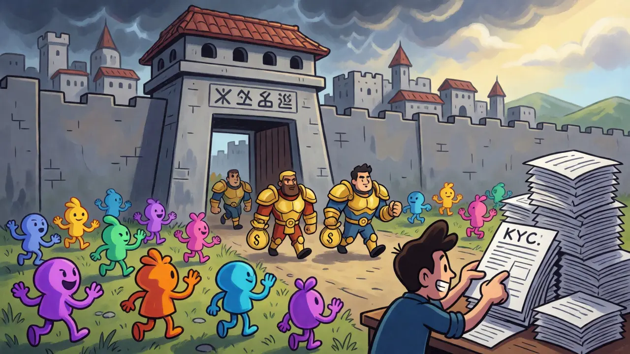 Small startups blocked outside a fortified gate while large corporations enter easily.
