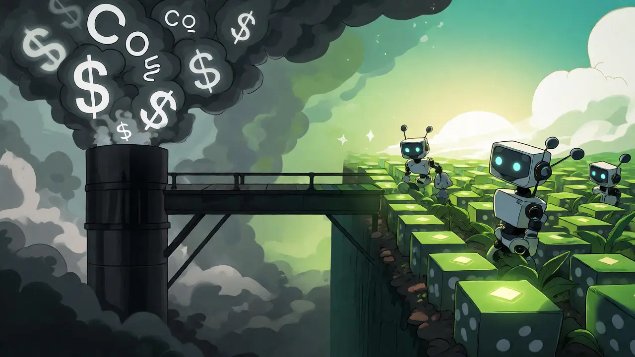 Split-screen cartoon showing a dirty factory transforming into a green garden.